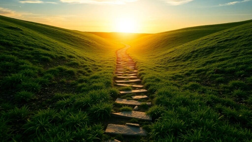 Stone path through green hills at sunset